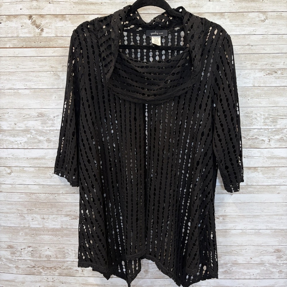 Vtg YUSHI Womens L Open Knit Cover Up Top Black Cowl Neck 1/2 Sleeve Asymmetric